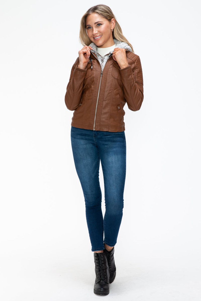 YMI Removable Faux Layered Multi - Pocket Jacket with Fuzzy Hood - S. M. & Co.