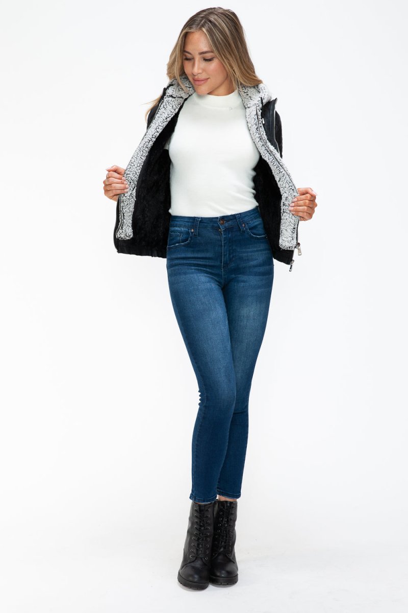 YMI Removable Faux Layered Multi - Pocket Jacket with Fuzzy Hood - S. M. & Co.