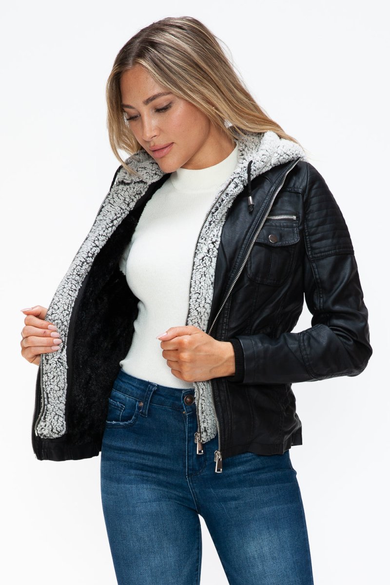 YMI Removable Faux Layered Multi - Pocket Jacket with Fuzzy Hood - S. M. & Co.