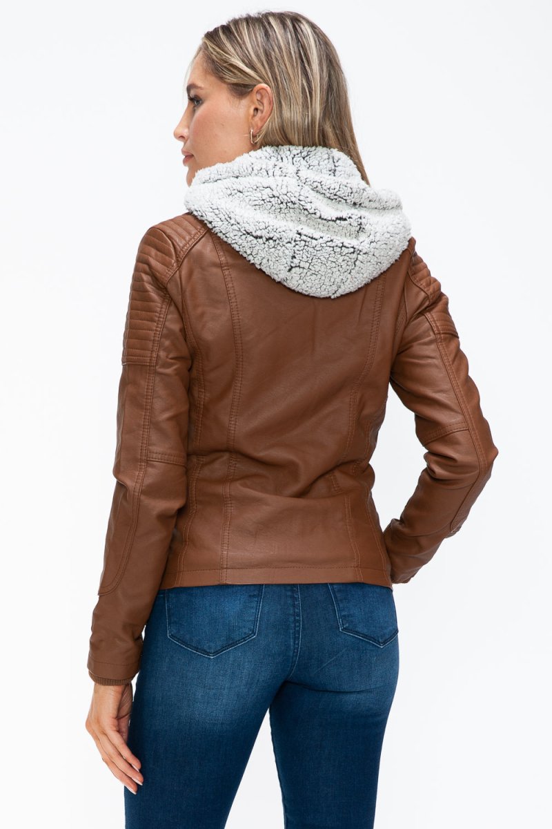 YMI Removable Faux Layered Multi - Pocket Jacket with Fuzzy Hood - S. M. & Co.