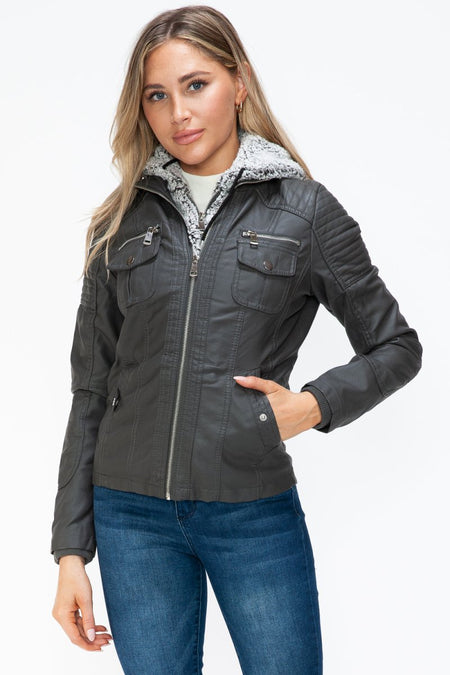 YMI Removable Faux Layered Multi - Pocket Jacket with Fuzzy Hood - S. M. & Co.