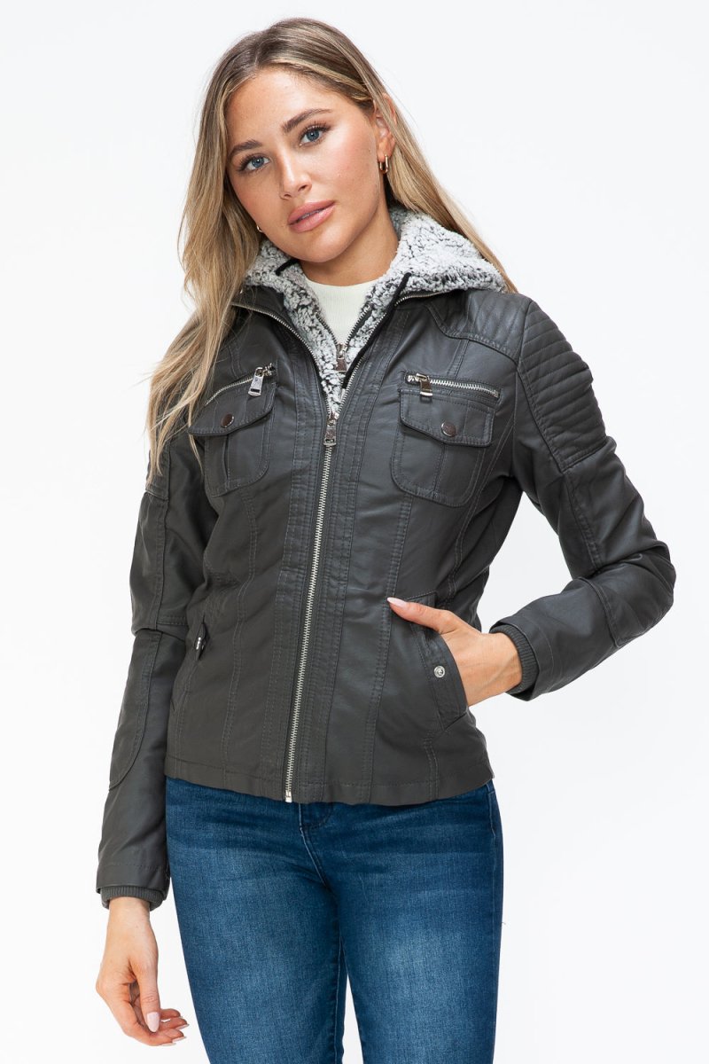 YMI Removable Faux Layered Multi - Pocket Jacket with Fuzzy Hood - S. M. & Co.