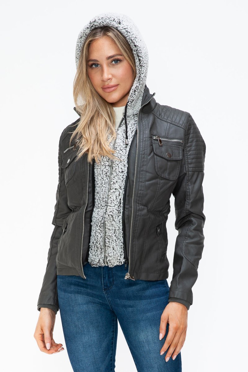 YMI Removable Faux Layered Multi - Pocket Jacket with Fuzzy Hood - S. M. & Co.