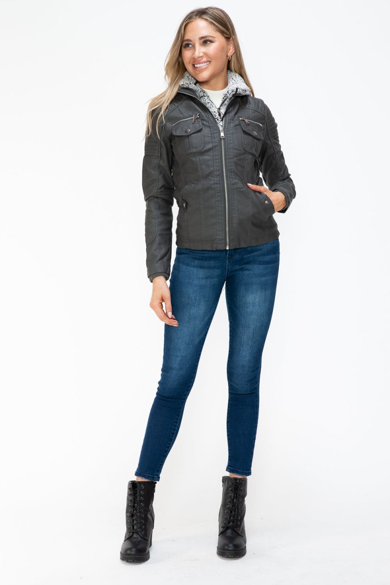 YMI Removable Faux Layered Multi - Pocket Jacket with Fuzzy Hood - S. M. & Co.