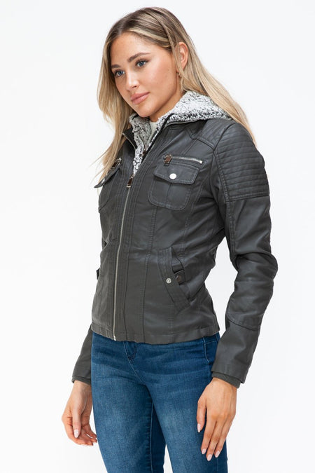 YMI Removable Faux Layered Multi - Pocket Jacket with Fuzzy Hood - S. M. & Co.