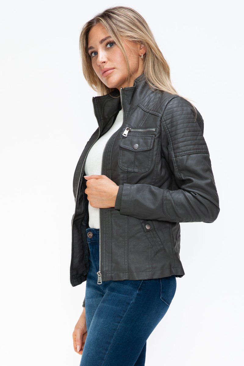 YMI Removable Faux Layered Multi - Pocket Jacket with Fuzzy Hood - S. M. & Co.