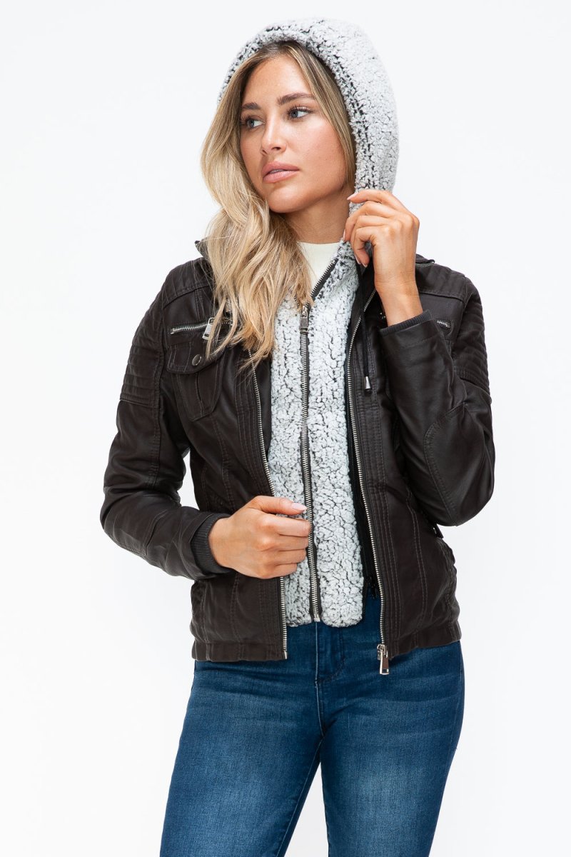 YMI Removable Faux Layered Multi - Pocket Jacket with Fuzzy Hood - S. M. & Co.