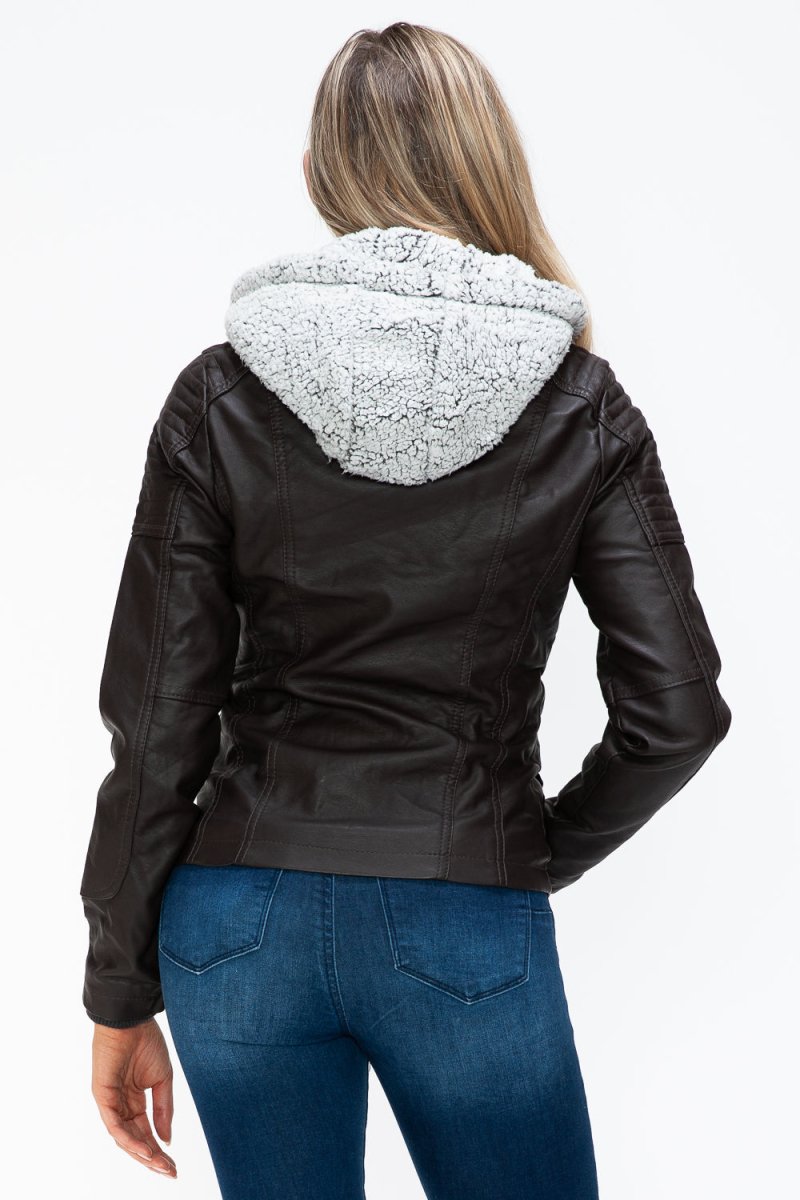 YMI Removable Faux Layered Multi - Pocket Jacket with Fuzzy Hood - S. M. & Co.