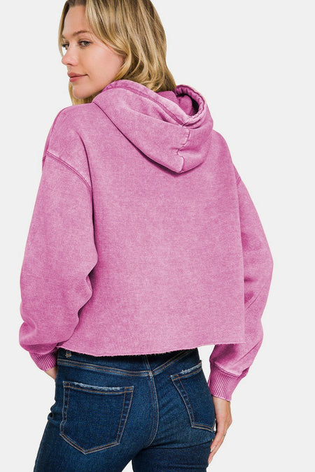 Zenana Acid Wash Fleece Cropped Hoodie - S. M. & Co.