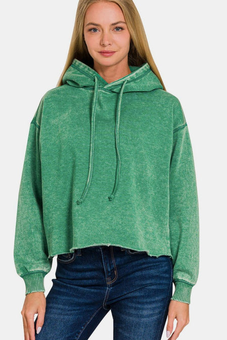 Zenana Acid Wash Fleece Cropped Hoodie - S. M. & Co.