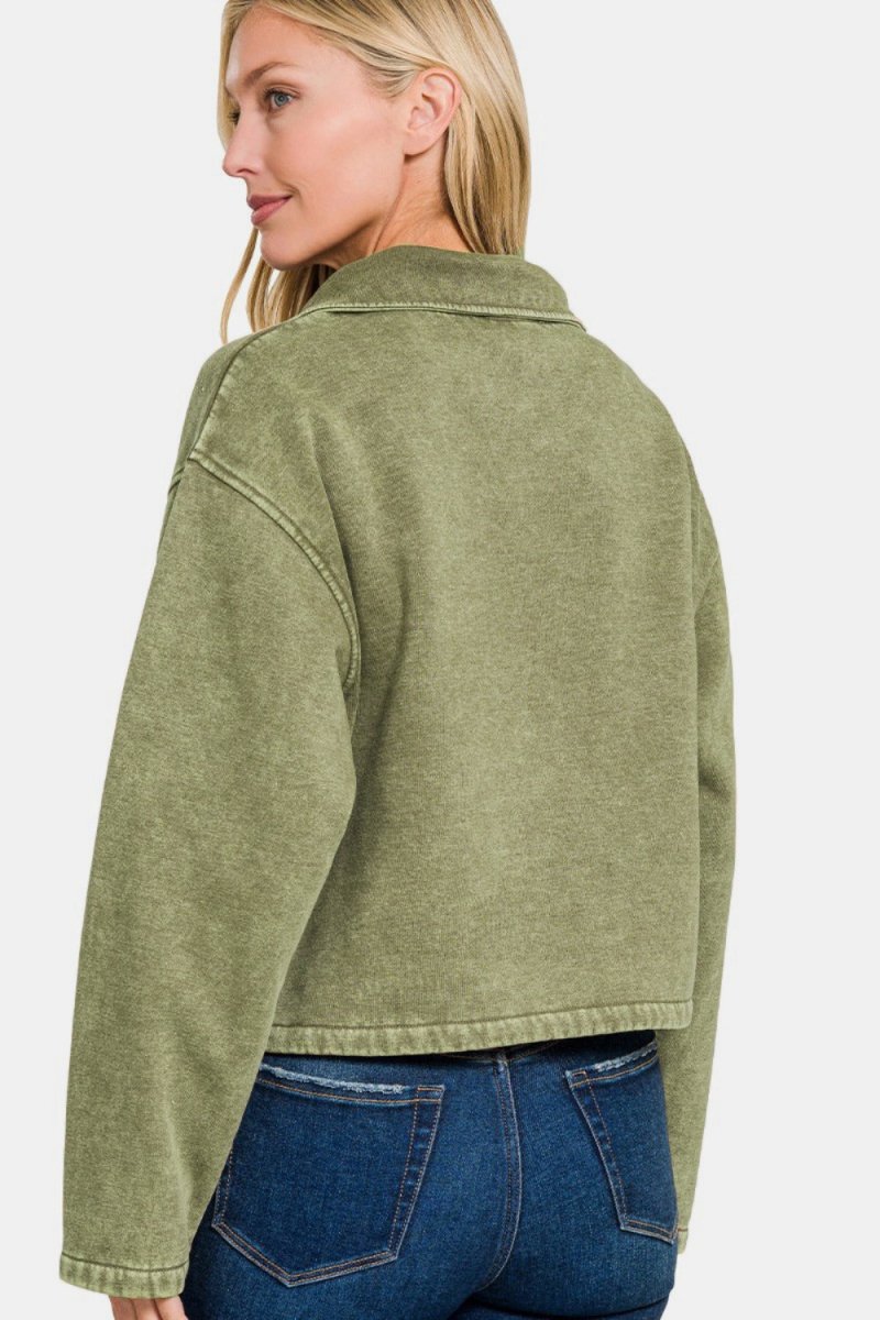 Zenana Acid Wash Fleece Half Snap Sweatshirt with Pocket - S. M. & Co.