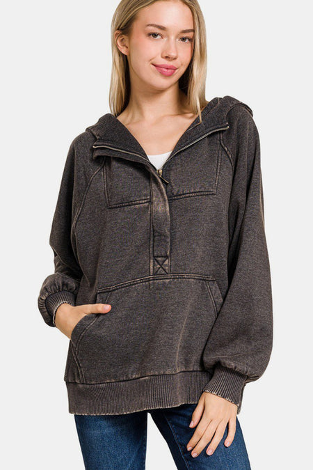 Zenana Acid Wash Fleece Kangaroo Hoodie - S. M. & Co.