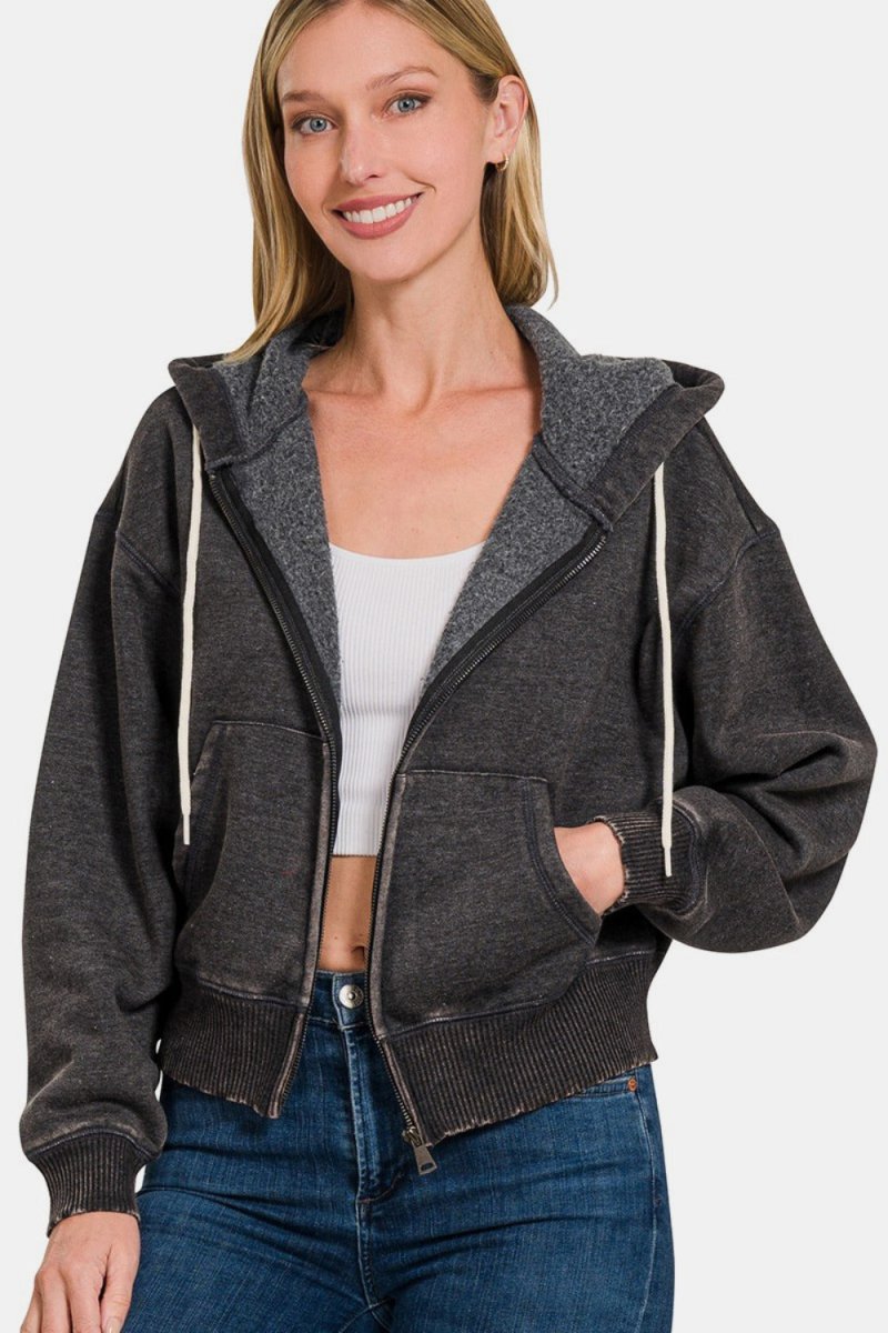 Zenana Acid Wash Fleece Zip - Up Cropped Hoodie - S. M. & Co.