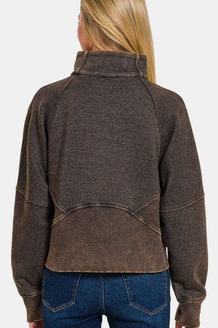 Zenana Acid Washed Half Zip Fleece Sweatshirt - S. M. & Co.