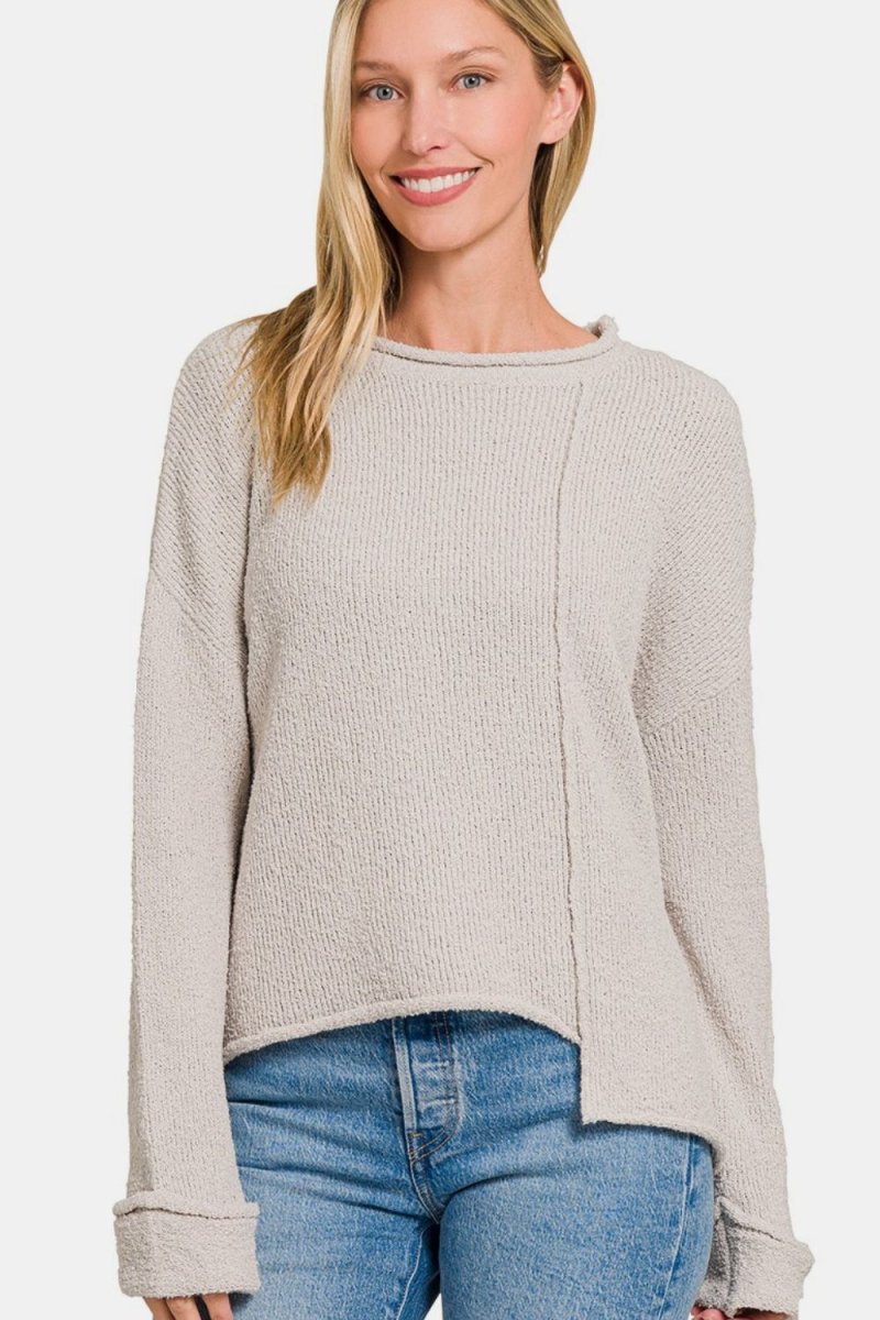 Zenana Asymmetric Hem Drop Shoulder Sweater - S. M. & Co.