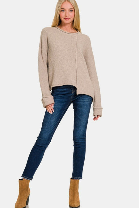 Zenana Asymmetric Hem Drop Shoulder Sweater - S. M. & Co.