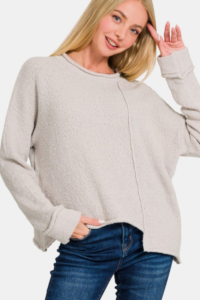 Zenana Asymmetric Hem Drop Shoulder Sweater - S. M. & Co.