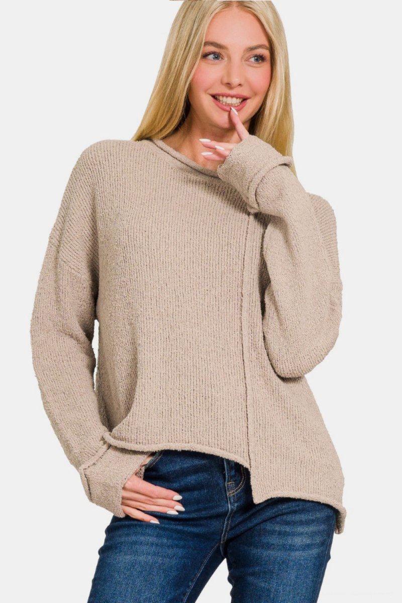 Zenana Asymmetric Hem Drop Shoulder Sweater - S. M. & Co.