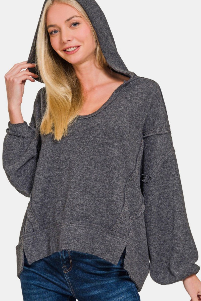 Zenana Brushed Hacci Exposed Seam Hoodie - S. M. & Co.