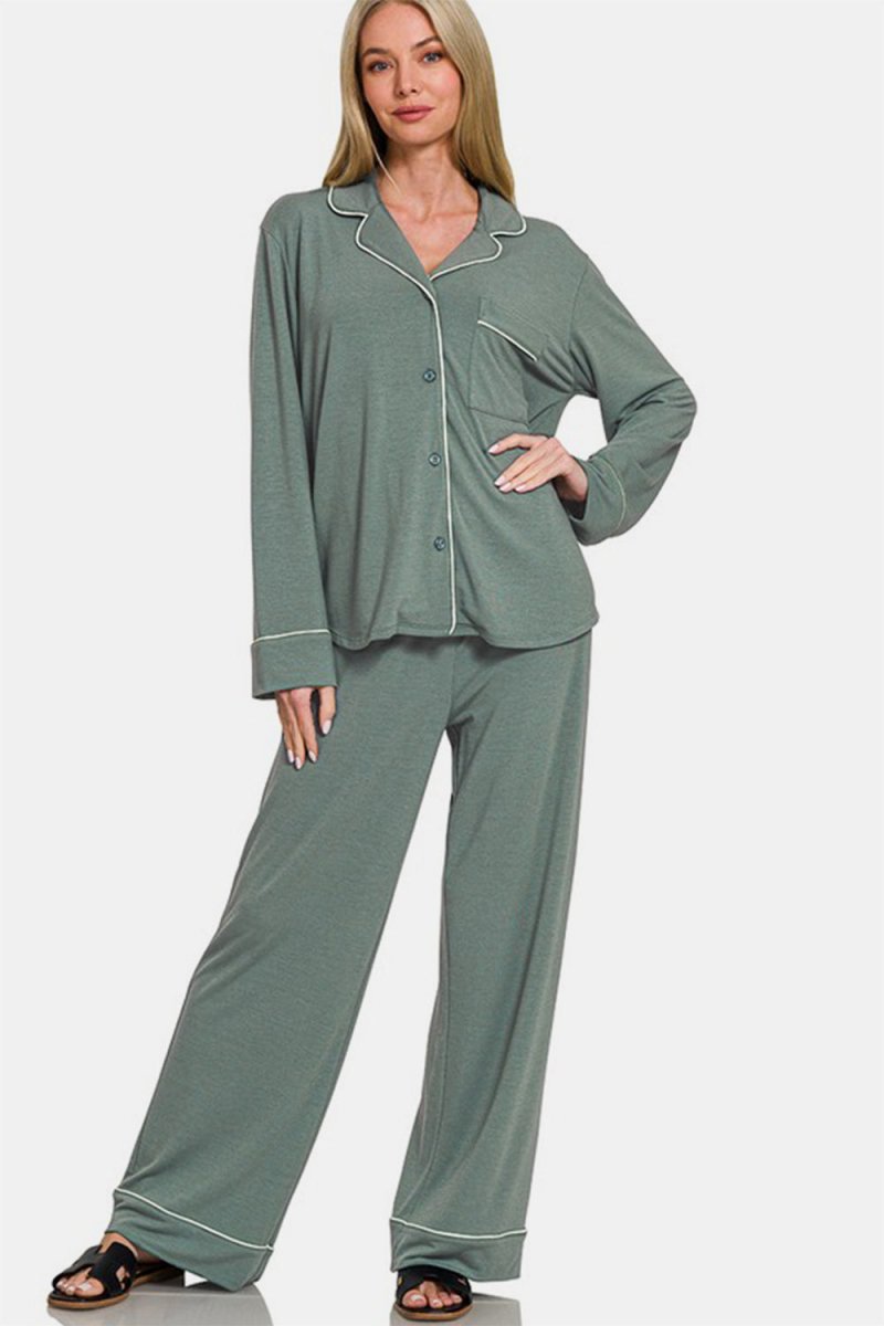 Zenana Button Down Long Sleeve Top and Pants Lounge Set - S. M. & Co.