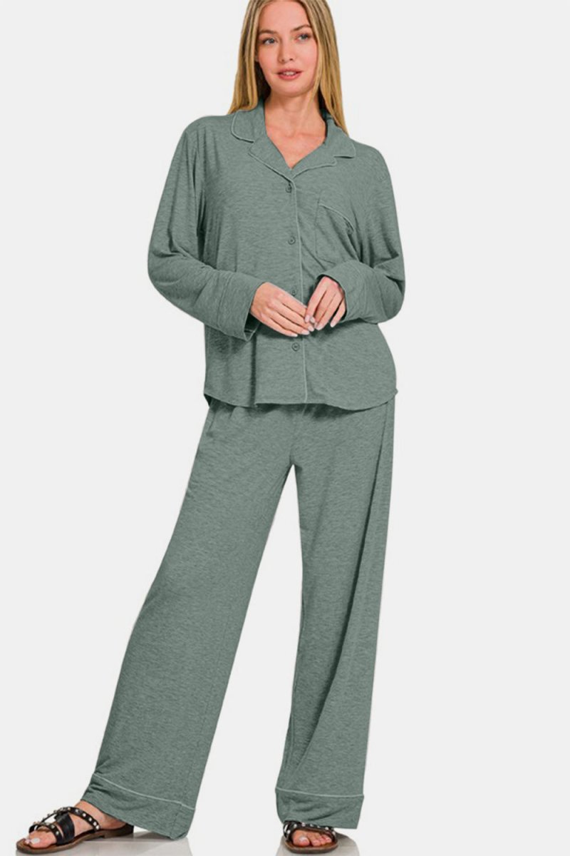 Zenana Button Down Long Sleeve Top and Pants Lounge Set - S. M. & Co.