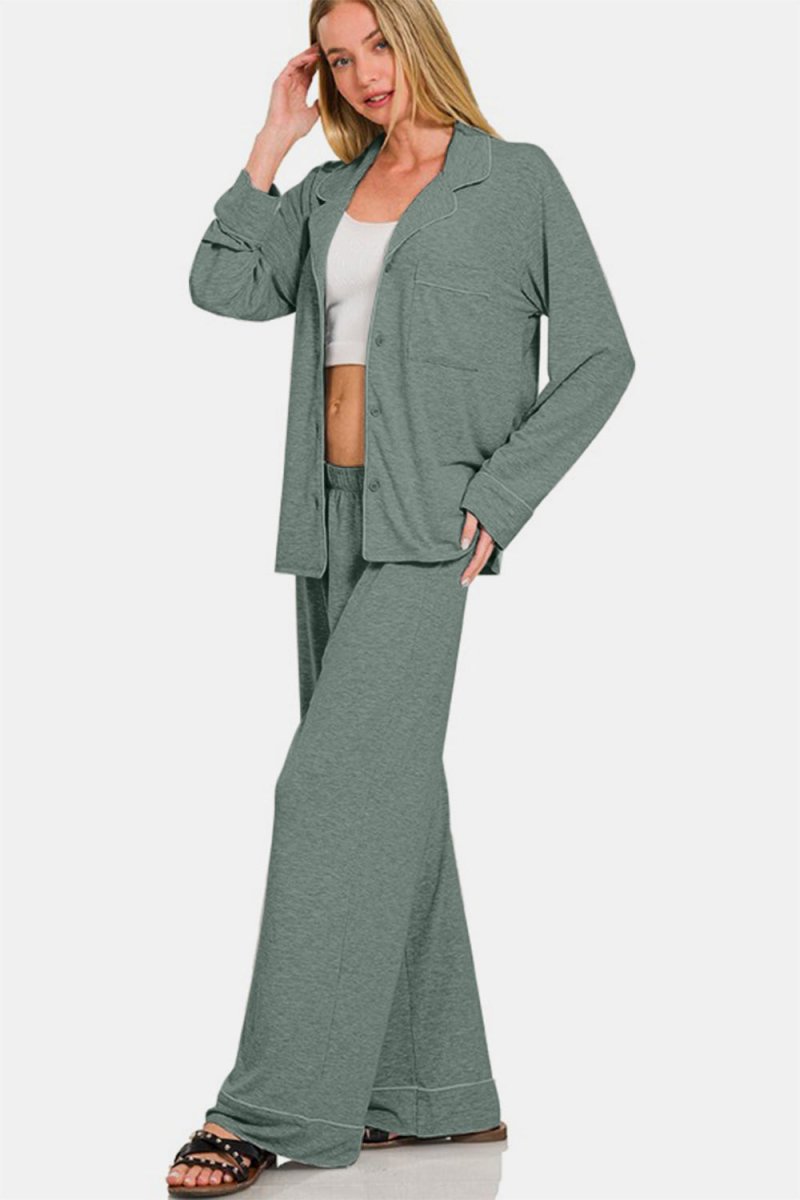 Zenana Button Down Long Sleeve Top and Pants Lounge Set - S. M. & Co.