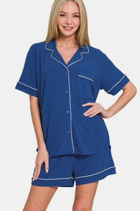 Zenana Button Down Short Sleeve Top and Shorts Lounge Set - S. M. & Co.