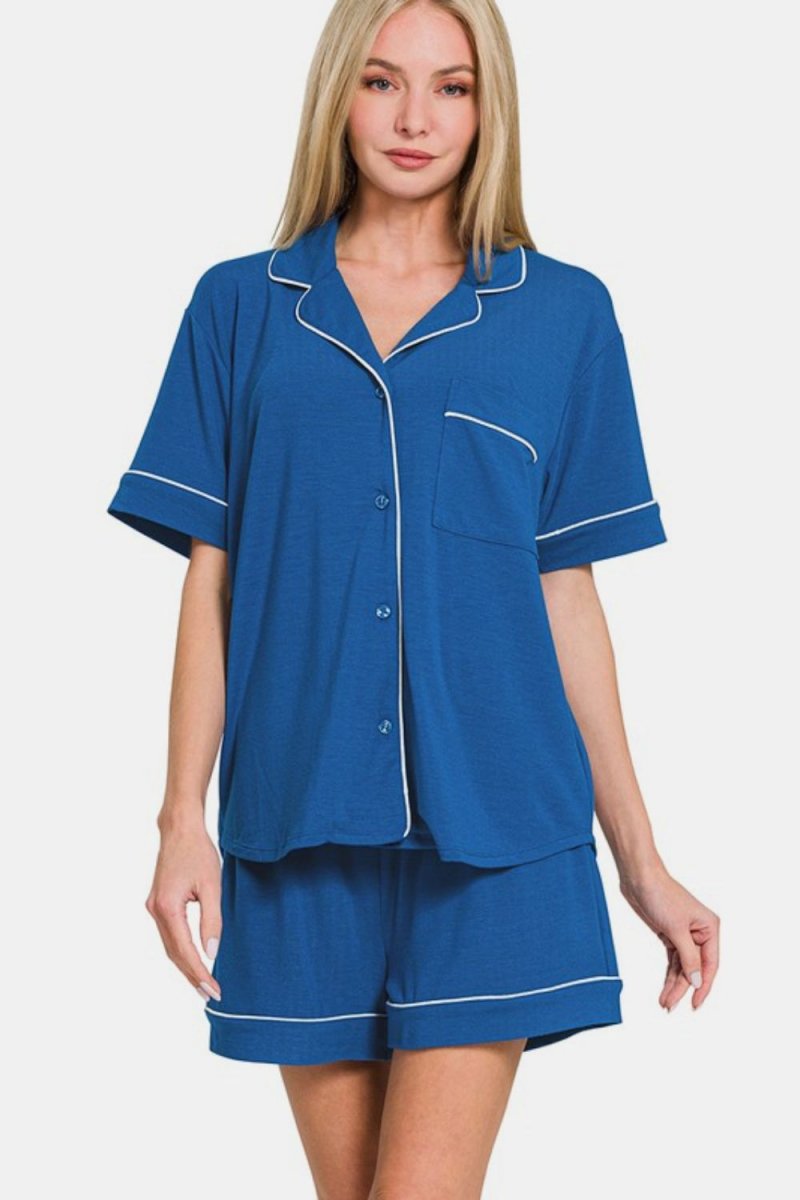 Zenana Button Down Short Sleeve Top and Shorts Lounge Set - S. M. & Co.