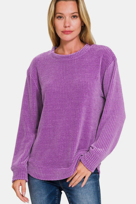 Zenana Chenille Waffle Round Neck Sweater - S. M. & Co.