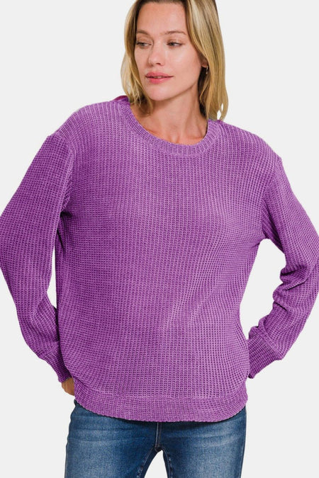 Zenana Chenille Waffle Round Neck Sweater - S. M. & Co.