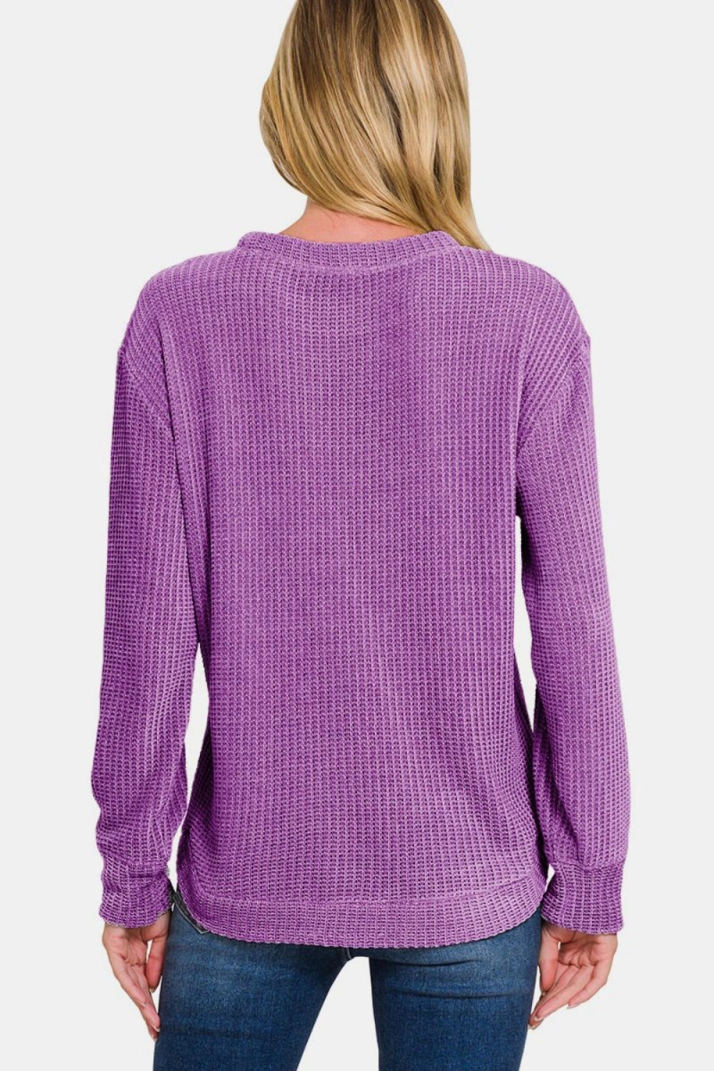 Zenana Chenille Waffle Round Neck Sweater - S. M. & Co.