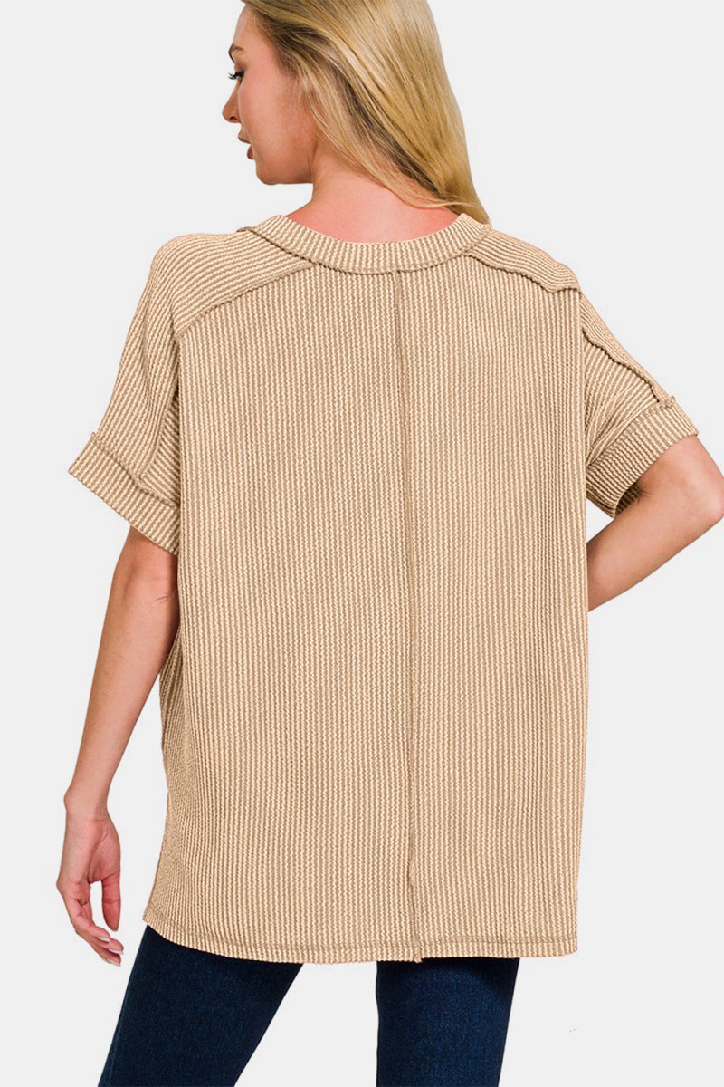 Zenana Corded Rib Short Sleeve High - Low T-Shirt - S. M. & Co.