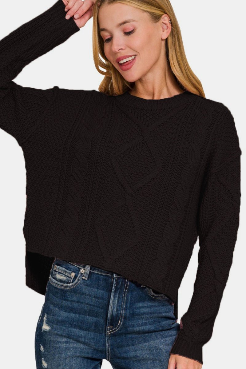 Zenana Cropped High Low Cable Sweater with Side Slits - S. M. & Co.