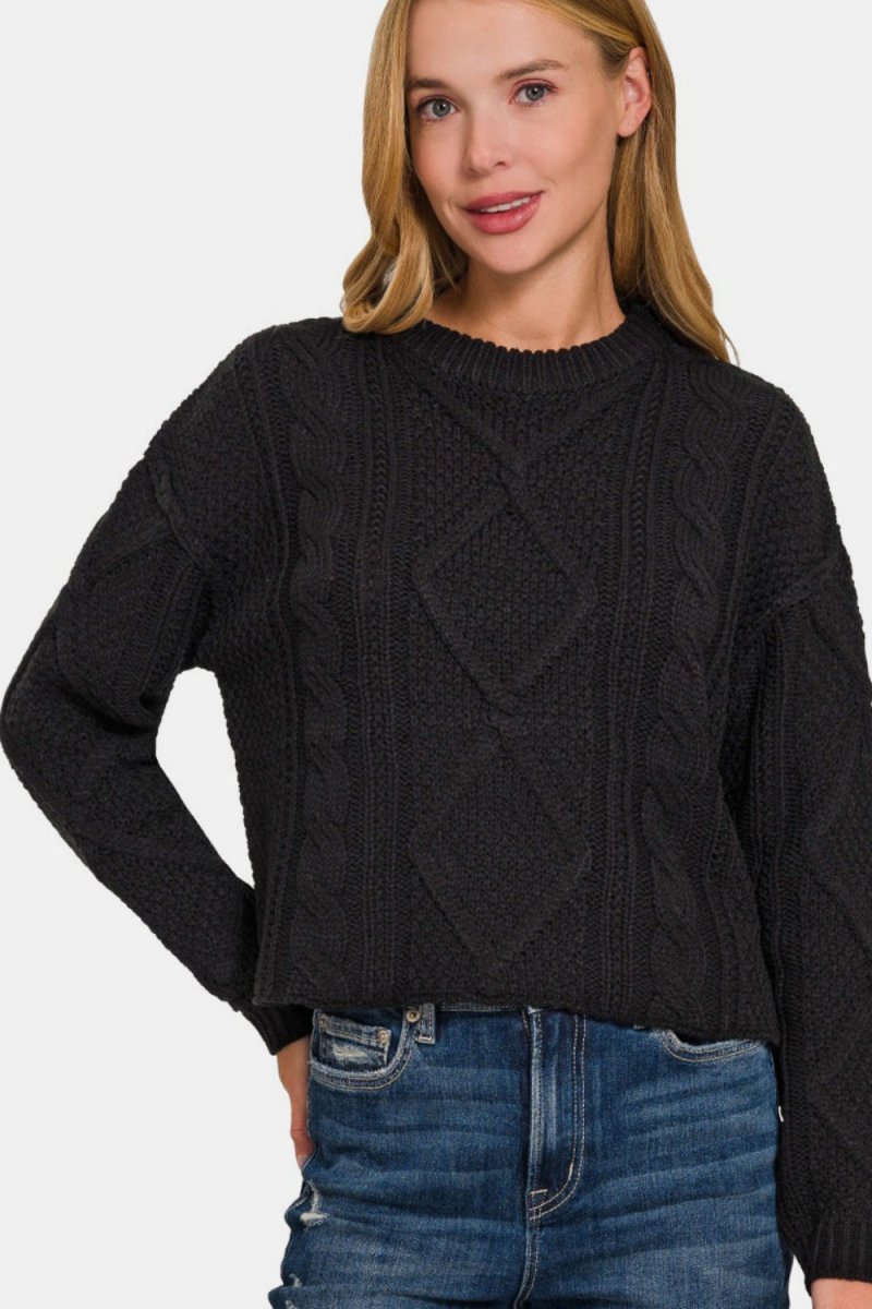 Zenana Cropped High Low Cable Sweater with Side Slits - S. M. & Co.