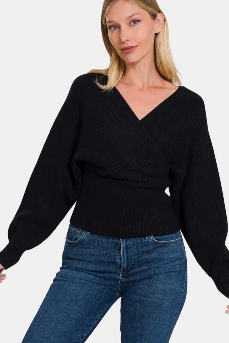 Zenana Cross Wrap Rib Long Sleeve Sweater - S. M. & Co.