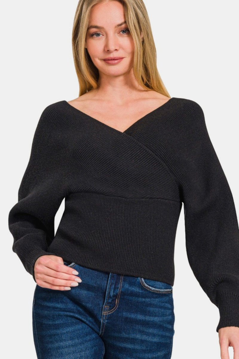 Zenana Cross Wrap Rib Long Sleeve Sweater - S. M. & Co.