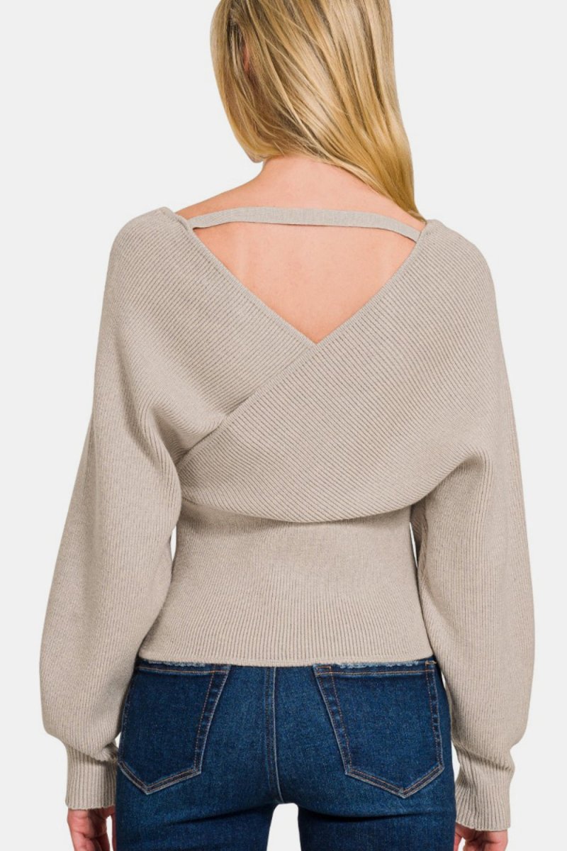 Zenana Cross Wrap Rib Long Sleeve Sweater - S. M. & Co.