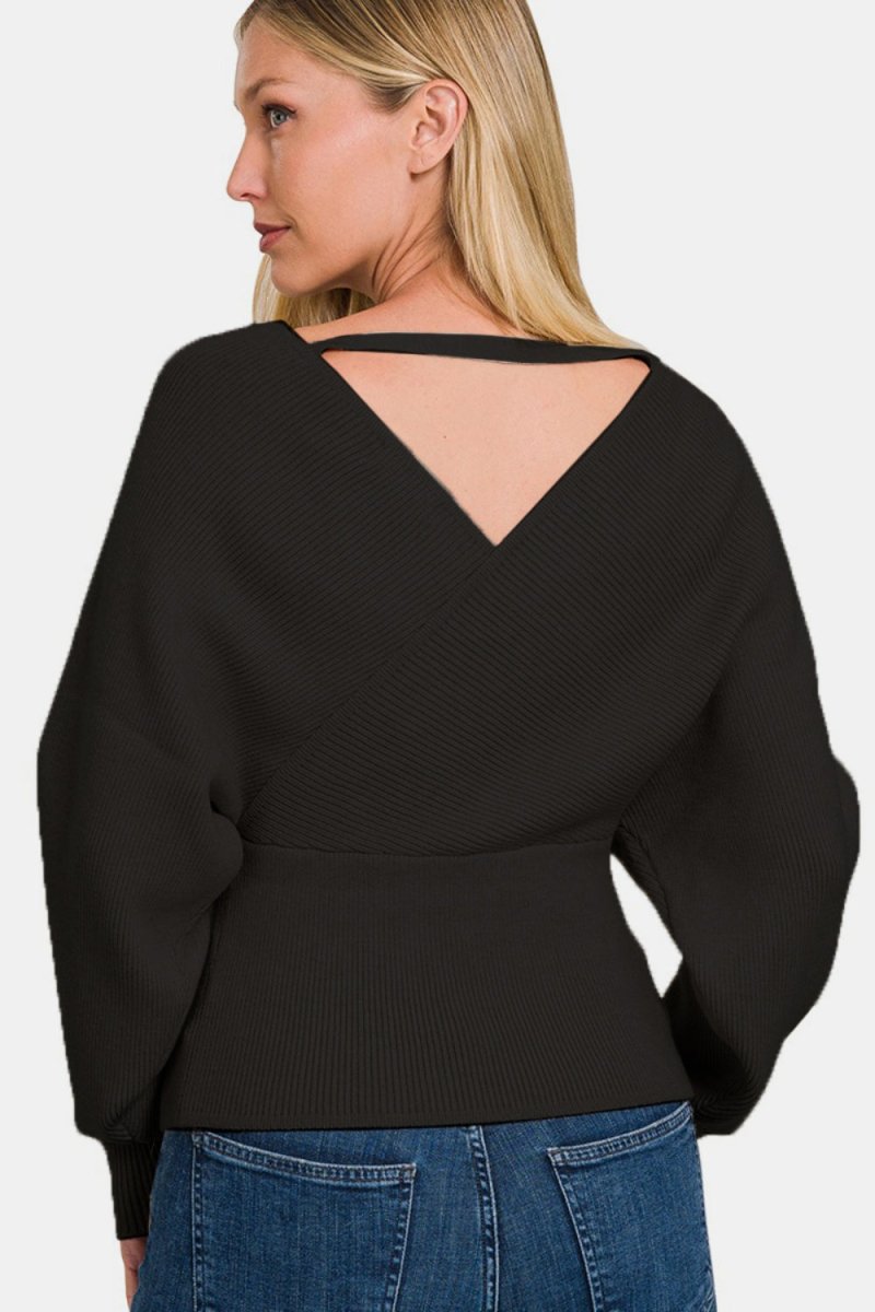 Zenana Cross Wrap Rib Long Sleeve Sweater - S. M. & Co.