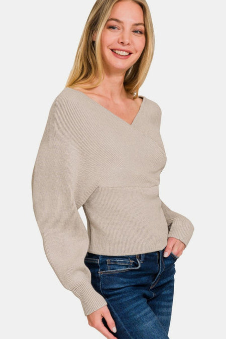 Zenana Cross Wrap Rib Long Sleeve Sweater - S. M. & Co.