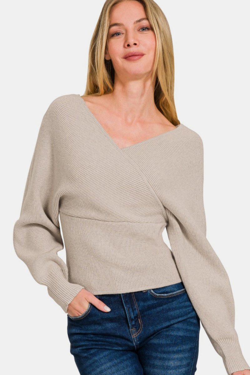 Zenana Cross Wrap Rib Long Sleeve Sweater - S. M. & Co.