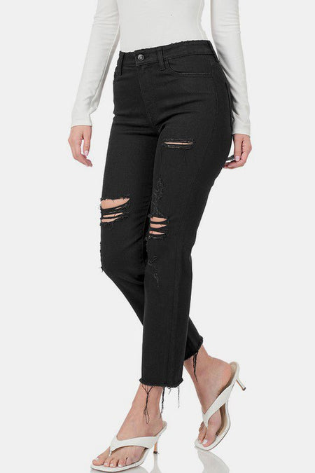 Zenana Distressed Raw Hem Cropped Jeans - S. M. & Co.