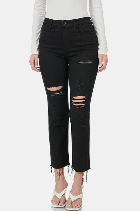 Zenana Distressed Raw Hem Cropped Jeans - S. M. & Co.