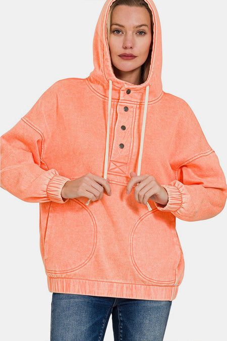 Zenana Drawstring Half Snap Dropped Shoulder Hoodie - AnAs Market