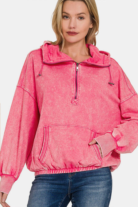 Zenana Drawstring Half Zip Dropped Shoulder Hoodie - AnAs Market