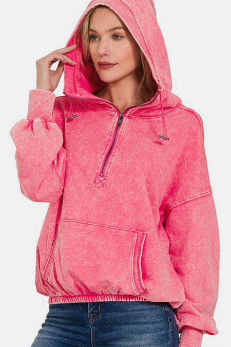 Zenana Drawstring Half Zip Dropped Shoulder Hoodie - AnAs Market