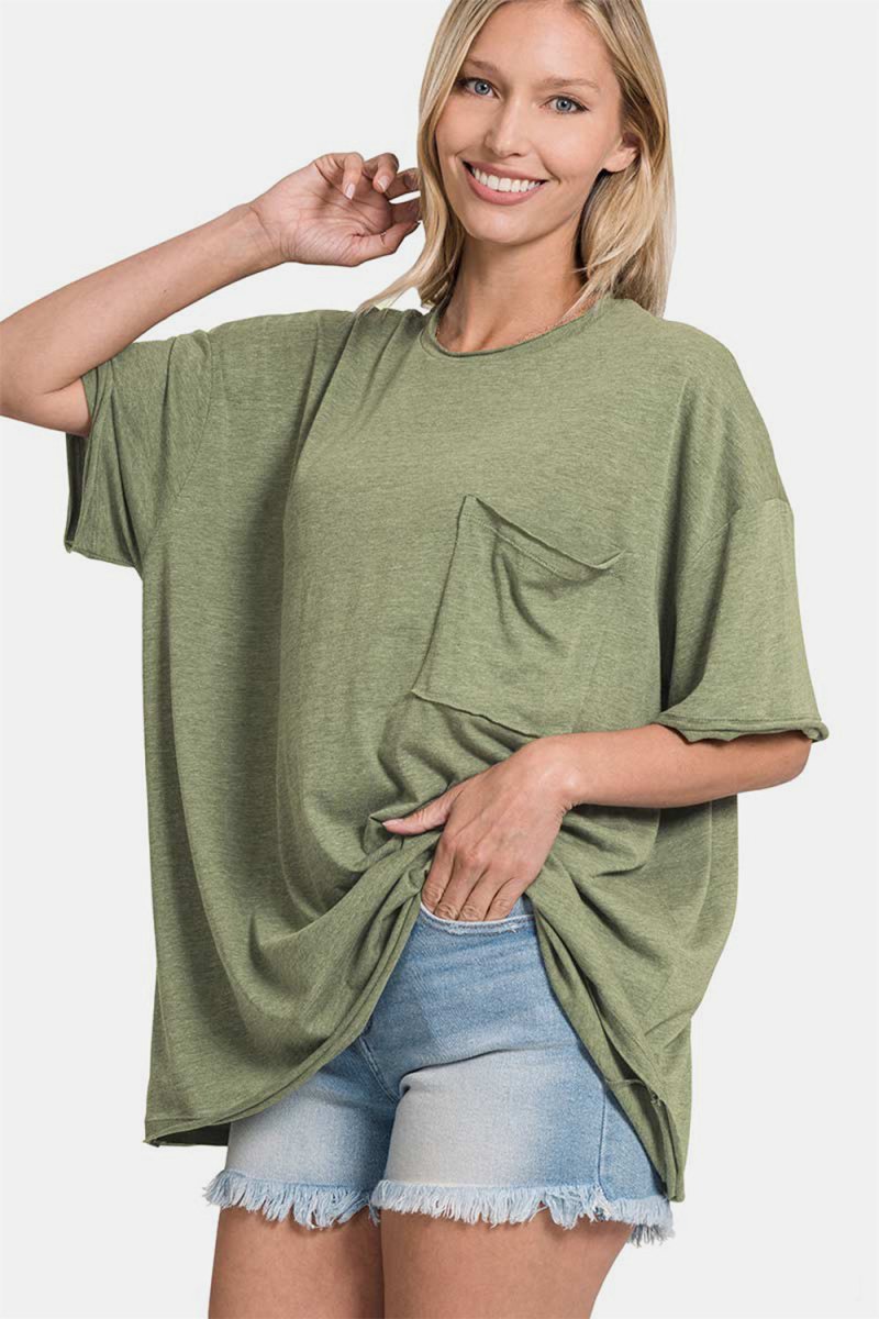 Zenana Drop Shoulder Oversized Front Pocket T-Shirt - S. M. & Co.