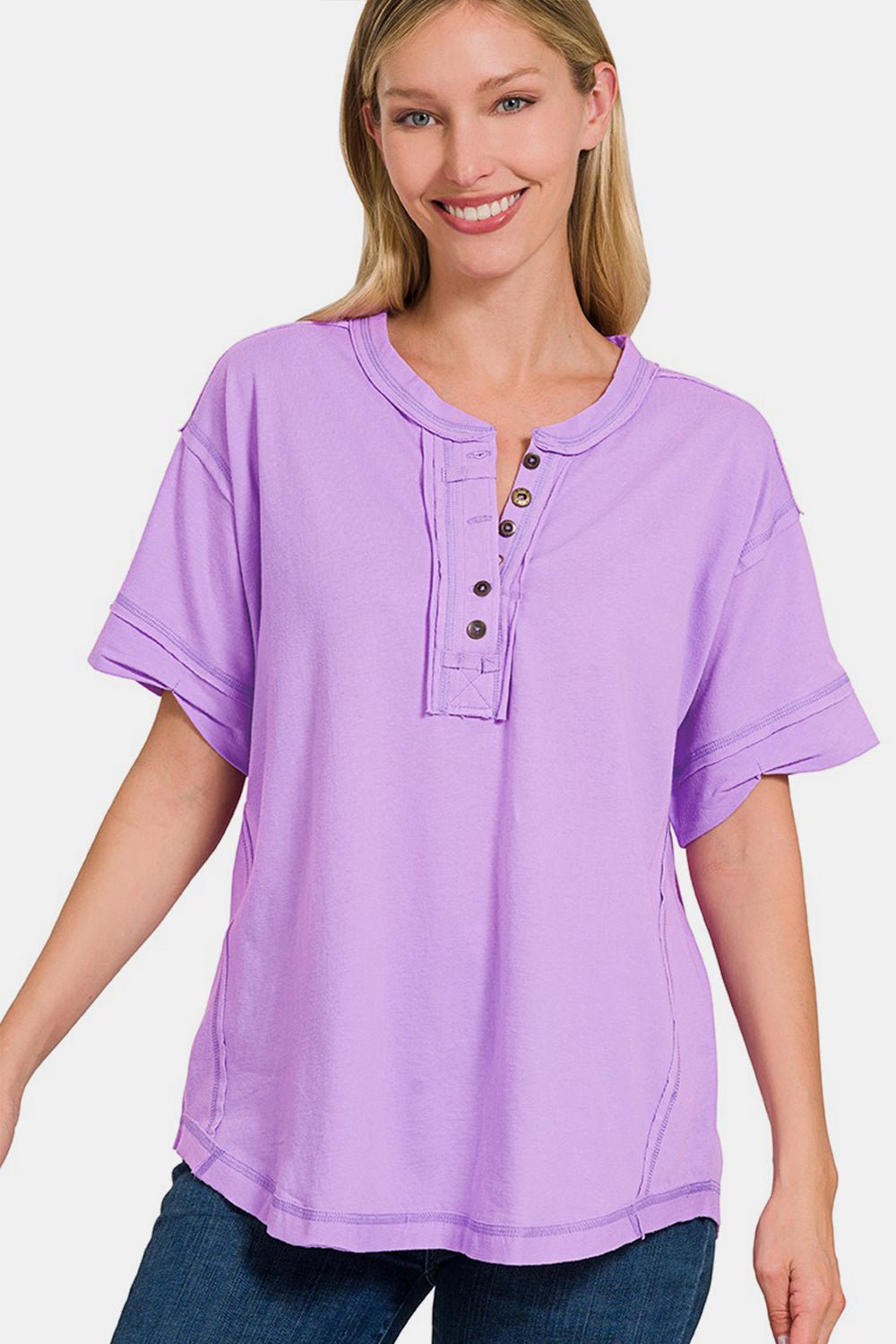 Zenana Exposed Seam Half Button Short Sleeve Top - AnAs Market