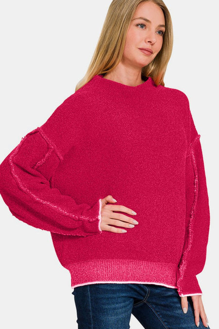 Zenana Exposed Seam Mock Neck Long Sleeve Sweater - S. M. & Co.