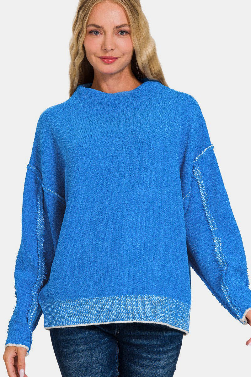 Zenana Exposed Seam Mock Neck Long Sleeve Sweater - S. M. & Co.