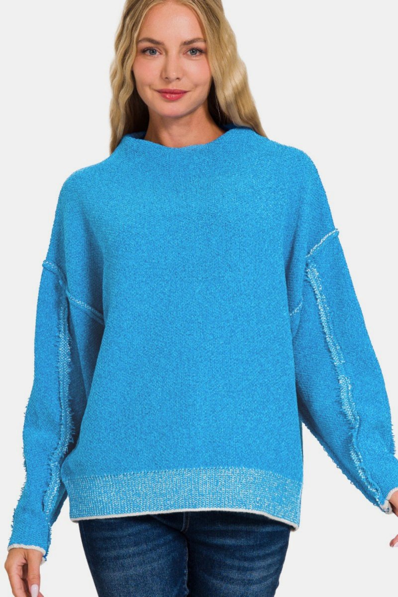 Zenana Exposed Seam Mock Neck Long Sleeve Sweater - S. M. & Co.